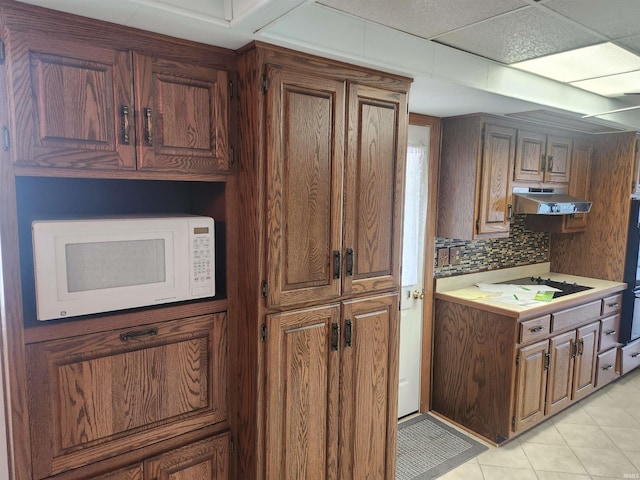 6480 E Mcguire Rd, Churubusco, IN 46723 - kitchen featuring white microwave, under cabinet range hood, light countertops, black electric stovetop, and tasteful backsplash