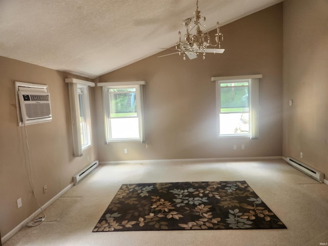 6480 E Mcguire Rd, Churubusco, IN 46723 - unfurnished dining area with a baseboard radiator, vaulted ceiling, a chandelier, carpet, and a textured ceiling