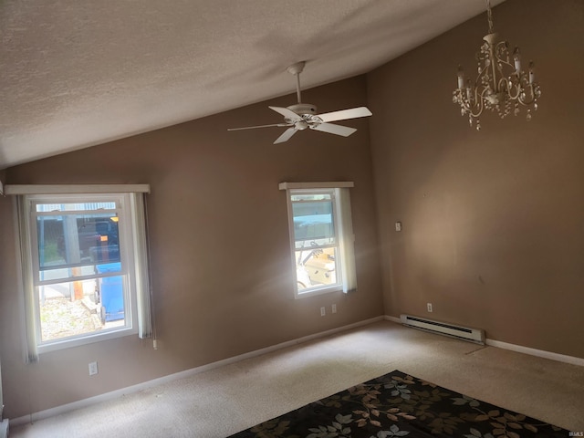 6480 E Mcguire Rd, Churubusco, IN 46723 - carpeted spare room featuring a baseboard heating unit, lofted ceiling, healthy amount of natural light, a textured ceiling, and a ceiling fan