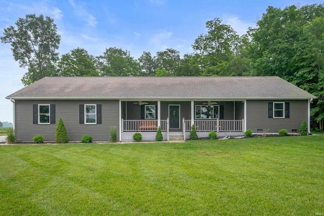 15880 N County Road 300 W, Gaston, IN 47342 - ranch-style home with ceiling fan, covered porch, a front lawn, and roof with shingles