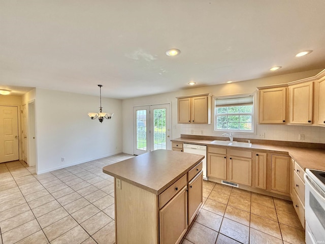 8433 Countrywood Ct, Newburgh, IN 47630 - kitchen with light brown cabinets, white appliances, backsplash, and recessed lighting