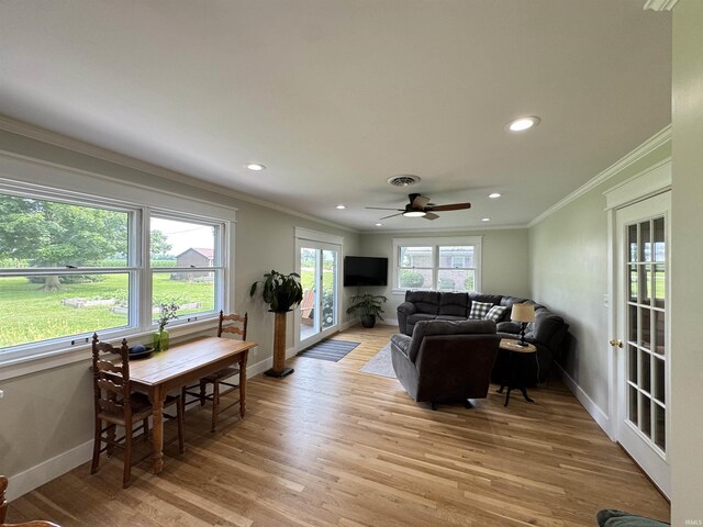 1635 Liberty St, Covington, IN 47932 - living room with crown molding, light wood-type flooring, recessed lighting, and a ceiling fan