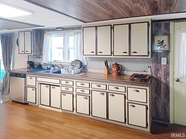 485 Boone St, New Haven, IL 62867 - kitchen with dishwasher, light wood finished floors, tasteful backsplash, dark countertops, and wood ceiling