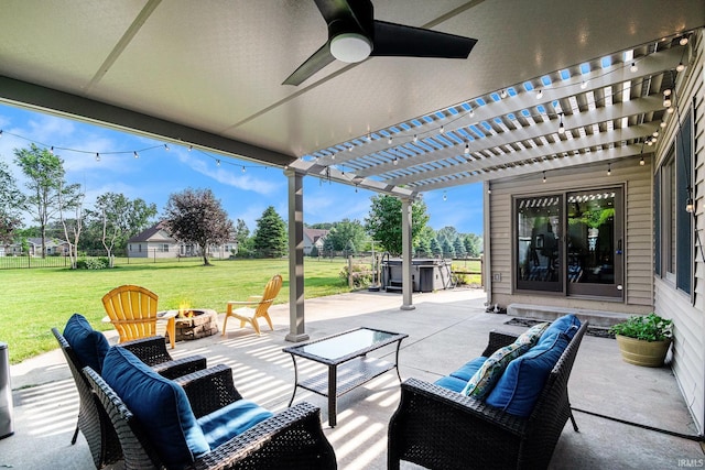 645 E Essex Dr, Warsaw, IN 46582 - view of patio featuring an outdoor living space with a fire pit, a pergola, and a ceiling fan
