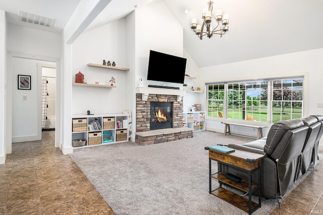 645 E Essex Dr, Warsaw, IN 46582 - living area featuring high vaulted ceiling, a fireplace, and a chandelier