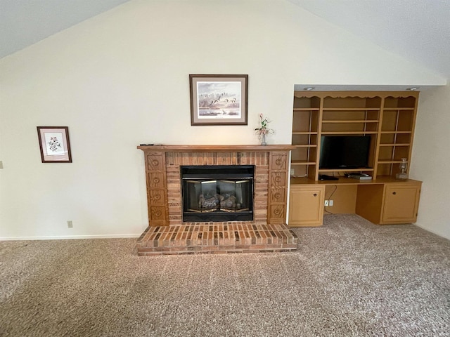 845 Crosspointe Ct, Wabash, IN 46992 - unfurnished living room featuring carpet floors, high vaulted ceiling, a brick fireplace, and a desk