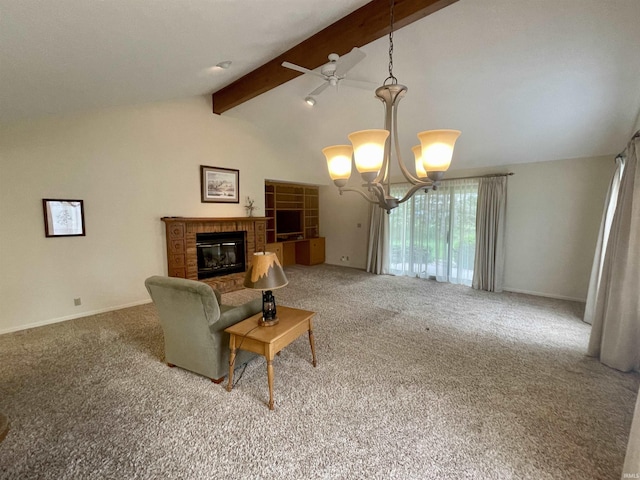 845 Crosspointe Ct, Wabash, IN 46992 - carpeted living area featuring a chandelier, ceiling fan, and a fireplace