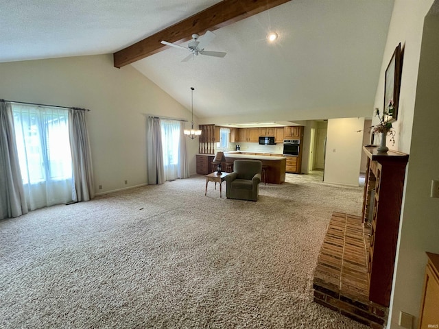 845 Crosspointe Ct, Wabash, IN 46992 - living area featuring beam ceiling, a chandelier, light carpet, a ceiling fan, and high vaulted ceiling