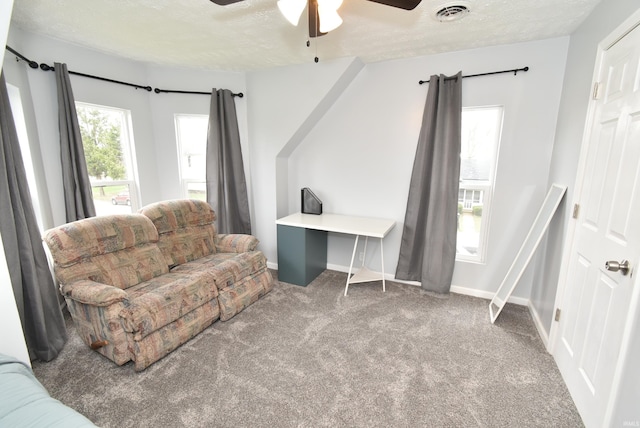 206 N Van Buren Ave, Fowler, IN 47944 - carpeted living room with a ceiling fan and a textured ceiling