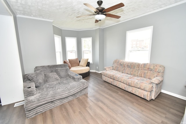206 N Van Buren Ave, Fowler, IN 47944 - living room with ceiling fan, wood finished floors, a textured ceiling, and ornamental molding
