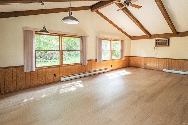 2330 N Fritz Dr, Bloomington, IN 47408 - unfurnished room with a baseboard heating unit, a wainscoted wall, a wall mounted air conditioner, plenty of natural light, and wood walls