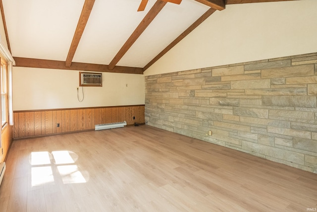 2330 N Fritz Dr, Bloomington, IN 47408 - spare room featuring a baseboard radiator, a wainscoted wall, a wall mounted AC, light wood-style flooring, and ceiling fan