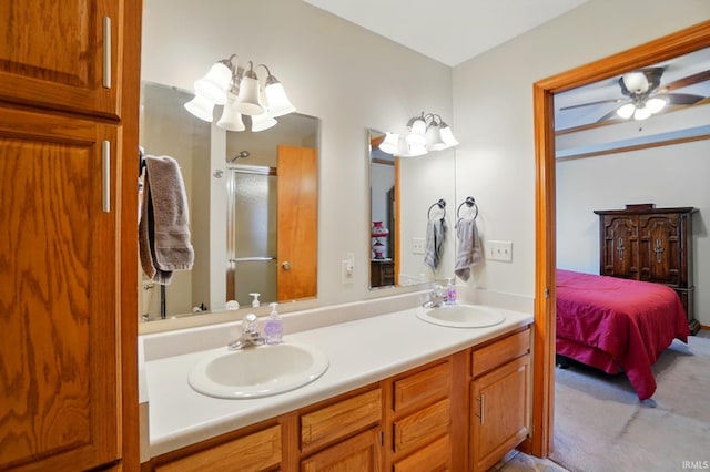 1322 Canal Ridge Dr, New Haven, IN 46774 - ensuite bathroom featuring double vanity, a chandelier, and a shower with shower door