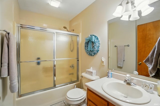 1322 Canal Ridge Dr, New Haven, IN 46774 - bathroom with vanity, a chandelier, and bath / shower combo with glass door