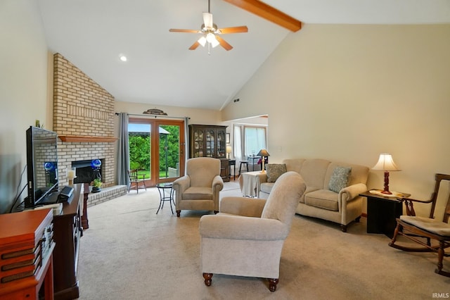 1322 Canal Ridge Dr, New Haven, IN 46774 - living room with light carpet, high vaulted ceiling, beam ceiling, ceiling fan, and a fireplace