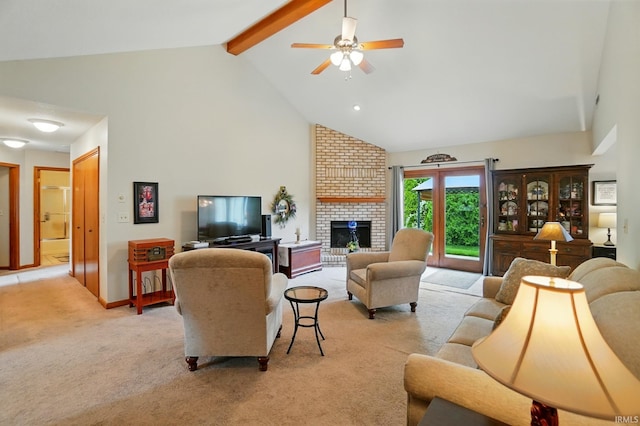 1322 Canal Ridge Dr, New Haven, IN 46774 - living area with light colored carpet, high vaulted ceiling, a ceiling fan, a brick fireplace, and beamed ceiling