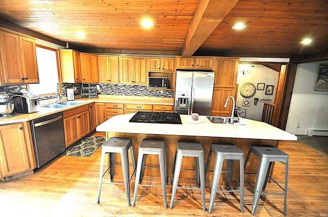 8077 E State Road 4th Rd, Walkerton, IN 46574 - kitchen with stainless steel fridge with ice dispenser, dishwasher, black microwave, a wooden ceiling with exposed beams, and a breakfast bar area