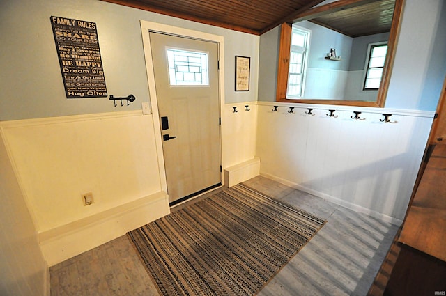 8077 E State Road 4th Rd, Walkerton, IN 46574 - foyer entrance with wood finished floors, wood ceiling, wainscoting, and plenty of natural light