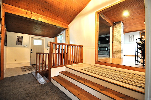 8077 E State Road 4th Rd, Walkerton, IN 46574 - stairway featuring wooden ceiling, carpet flooring, and lofted ceiling