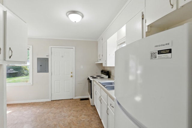 1610 Kentucky Ave, Fort Wayne, IN 46805 - kitchen with white appliances, electric panel, white cabinetry, and light countertops