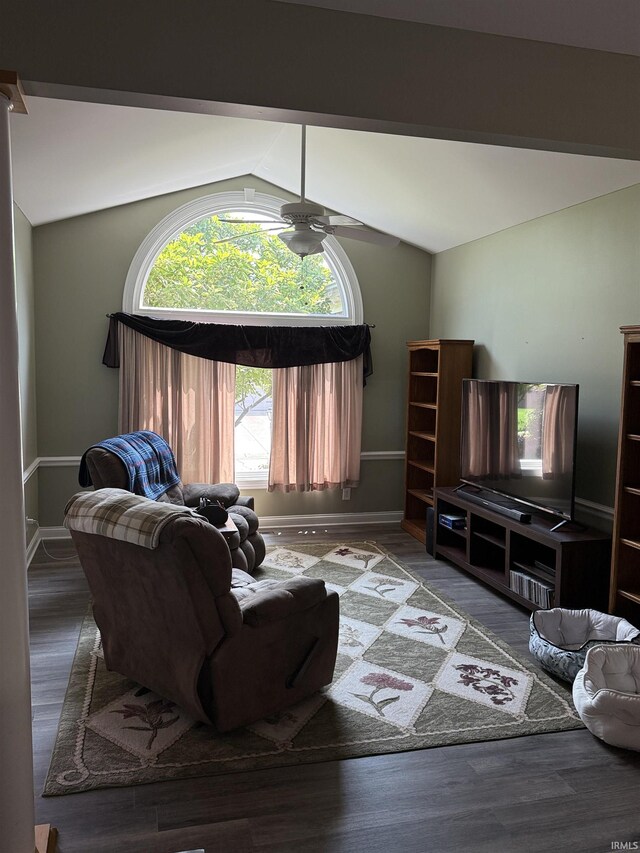 5844 Flagstone Dr, Evansville, IN 47711 - living room with vaulted ceiling, wood finished floors, and ceiling fan