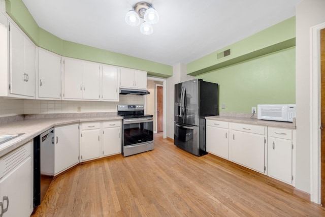1402 Jackson Rd, South Bend, IN 46614 - kitchen with stainless steel appliances, decorative backsplash, light wood-type flooring, and white cabinetry