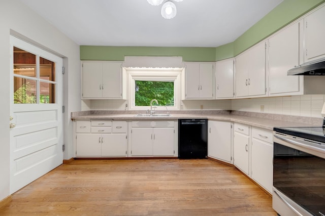 1402 Jackson Rd, South Bend, IN 46614 - kitchen with dishwasher, stainless steel electric stove, under cabinet range hood, white cabinetry, and light wood-style floors