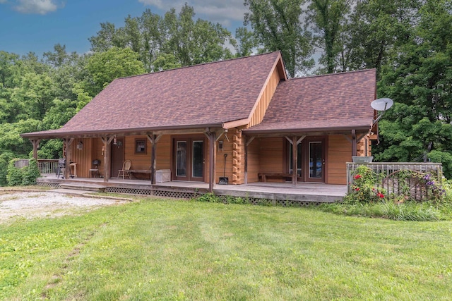 1275 N Sewell Rd, Bloomington, IN 47408 - log cabin with a front yard, french doors, and a shingled roof