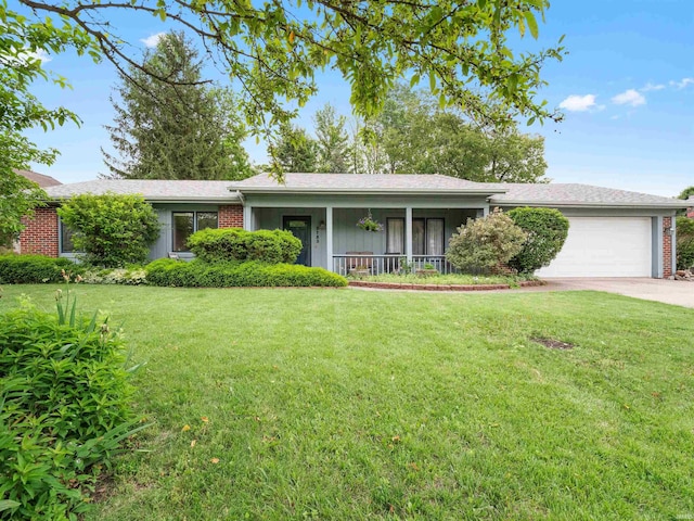 3723 Pebblewood Pl, Fort Wayne, IN 46804 - ranch-style house with a garage, a front yard, concrete driveway, and a porch