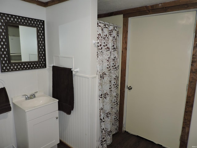 3643 S Bruner Rd, Warsaw, IN 46580 - bathroom with vanity, wood finished floors, curtained shower, and wainscoting