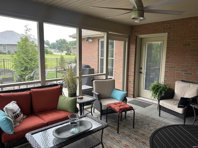 855 Reyling Dr, Jasper, IN 47546 - sunroom / solarium featuring an outdoor hangout area and a ceiling fan