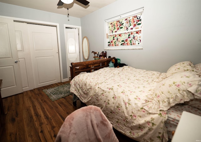 3945 W Walnut Leaf Dr, Bloomington, IN 47403 - bedroom featuring wood finished floors, multiple closets, and ceiling fan