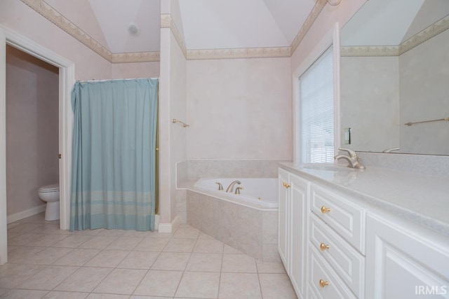 2433 Wheaton Dr, Evansville, IN 47725 - full bathroom with vaulted ceiling, a garden tub, tile patterned flooring, vanity, and curtained shower