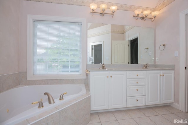 2433 Wheaton Dr, Evansville, IN 47725 - full bathroom featuring double vanity, a jetted tub, and tile patterned flooring