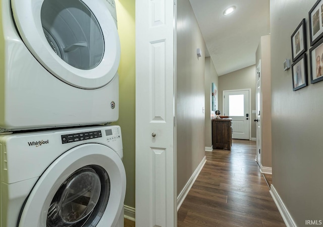 1423 W Westwind Ct, Bloomington, IN 47403 - laundry room featuring stacked washer / drying machine, dark wood-style flooring, and recessed lighting