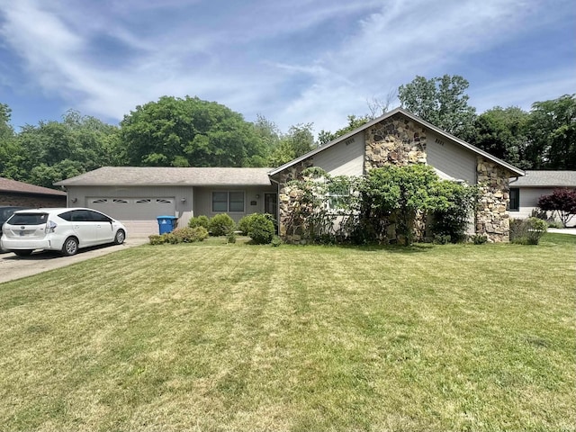 1212 Glenwick Dr, Logansport, IN 46947 - view of front of house with an attached garage, stone siding, a front yard, and concrete driveway