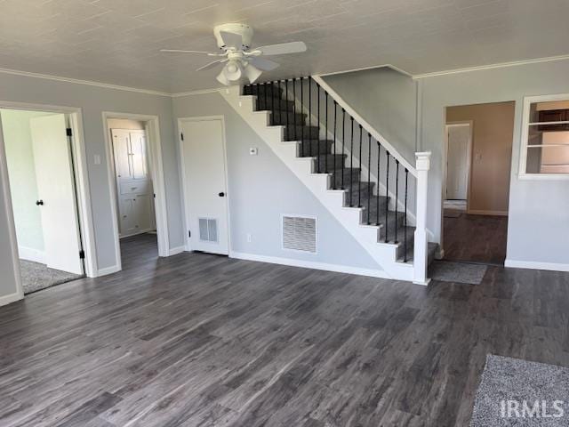 11748 W 450 N, Cromwell, IN 46732 - unfurnished living room featuring stairway, a ceiling fan, dark wood-style floors, and ornamental molding