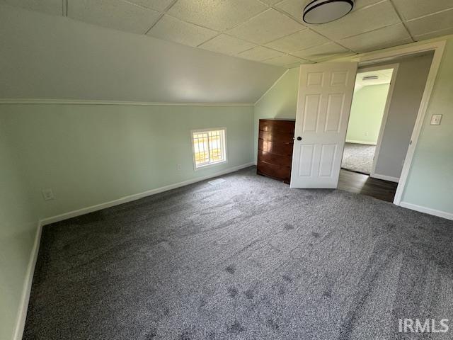 11748 W 450 N, Cromwell, IN 46732 - unfurnished bedroom featuring carpet, a drop ceiling, and vaulted ceiling