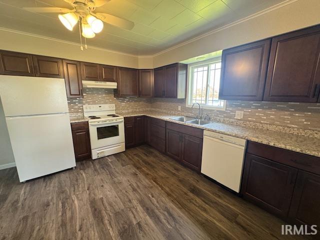 11748 W 450 N, Cromwell, IN 46732 - kitchen with white appliances, under cabinet range hood, crown molding, dark wood-type flooring, and decorative backsplash