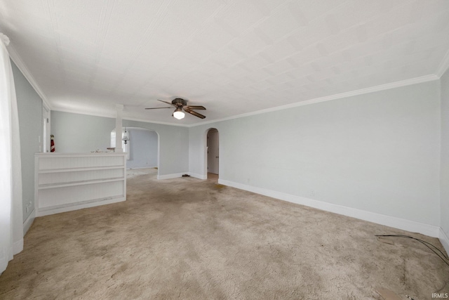 7404 N State Road 13, North Webster, IN 46555 - unfurnished living room featuring arched walkways, a ceiling fan, crown molding, and light carpet