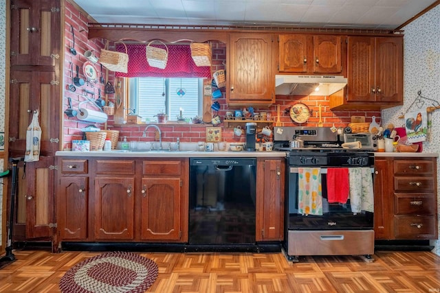 609 S Miller Ave, Marion, IN 46953 - kitchen featuring dishwasher, under cabinet range hood, stainless steel range with gas stovetop, brown cabinetry, and light countertops