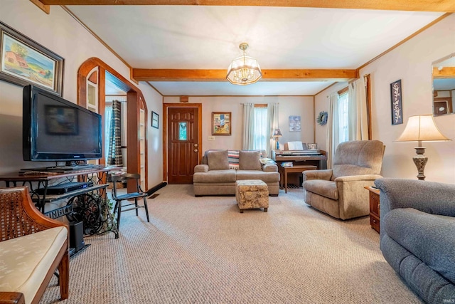 609 S Miller Ave, Marion, IN 46953 - living room featuring carpet, beam ceiling, and a chandelier