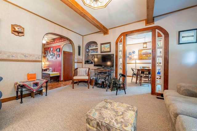 609 S Miller Ave, Marion, IN 46953 - living room with arched walkways, carpet, beam ceiling, and built in features