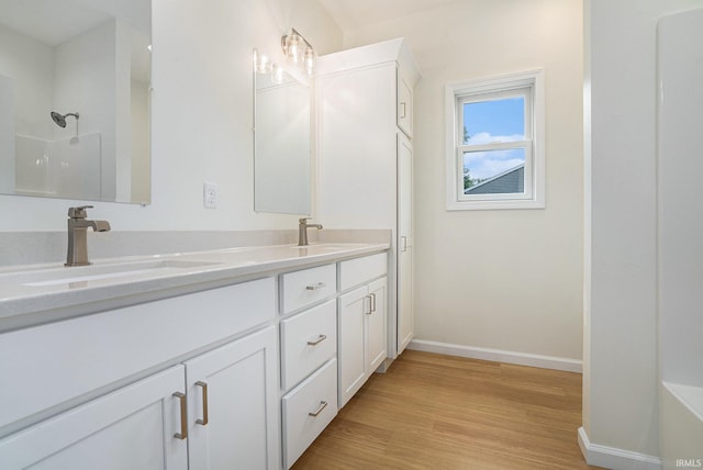 54207 Starner Ave, Elkhart, IN 46514 - full bathroom with double vanity, wood finished floors, and a shower