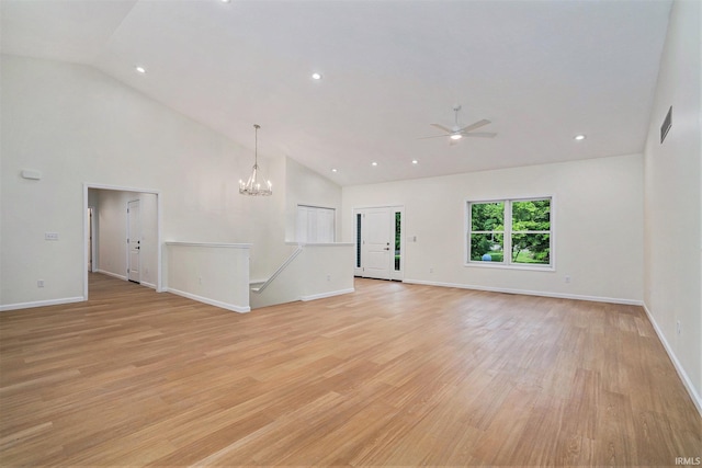 54207 Starner Ave, Elkhart, IN 46514 - unfurnished room with ceiling fan, high vaulted ceiling, light wood-type flooring, a chandelier, and recessed lighting