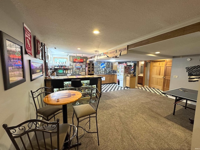 1321 Lost Lock Way, New Haven, IN 46774 - carpeted dining room featuring a dry bar, a textured ceiling, recessed lighting, and ornamental molding