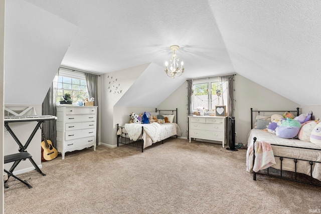 6830 County Road 40, Butler, IN 46721 - carpeted bedroom featuring lofted ceiling, multiple windows, a textured ceiling, and a chandelier