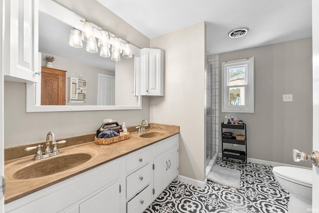 6830 County Road 40, Butler, IN 46721 - full bathroom with double vanity, a stall shower, and tile patterned flooring