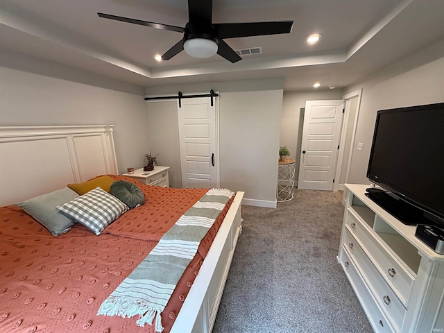 9 Beacon Way, Washington, IN 47501 - bedroom with a raised ceiling, a barn door, carpet, recessed lighting, and a ceiling fan