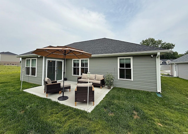 9 Beacon Way, Washington, IN 47501 - back of property featuring outdoor lounge area, a patio area, a yard, and roof with shingles